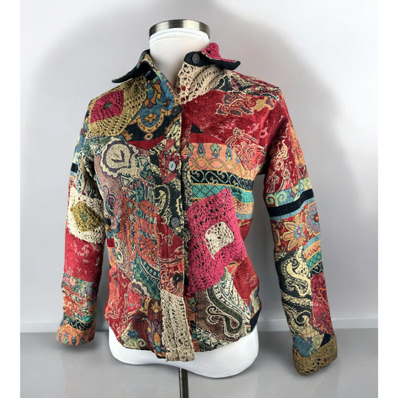 Chico's Tapestry Patchwork Embroidered Crochet Button Front Jacket Sz 1 Medium 8 - Picture 2 of 16